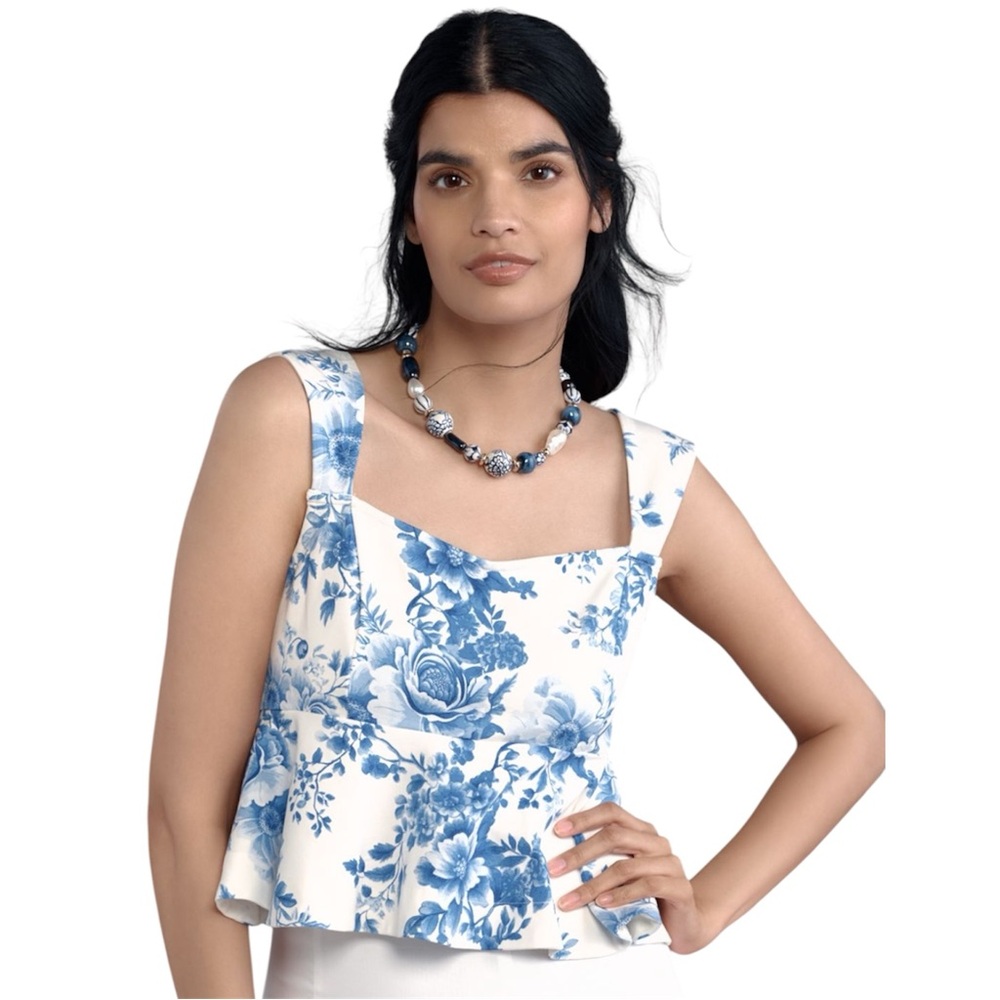 Maeve x Anthropologie‎ Square-Neck Peplum Blue and White Fitted Crop Tank Top